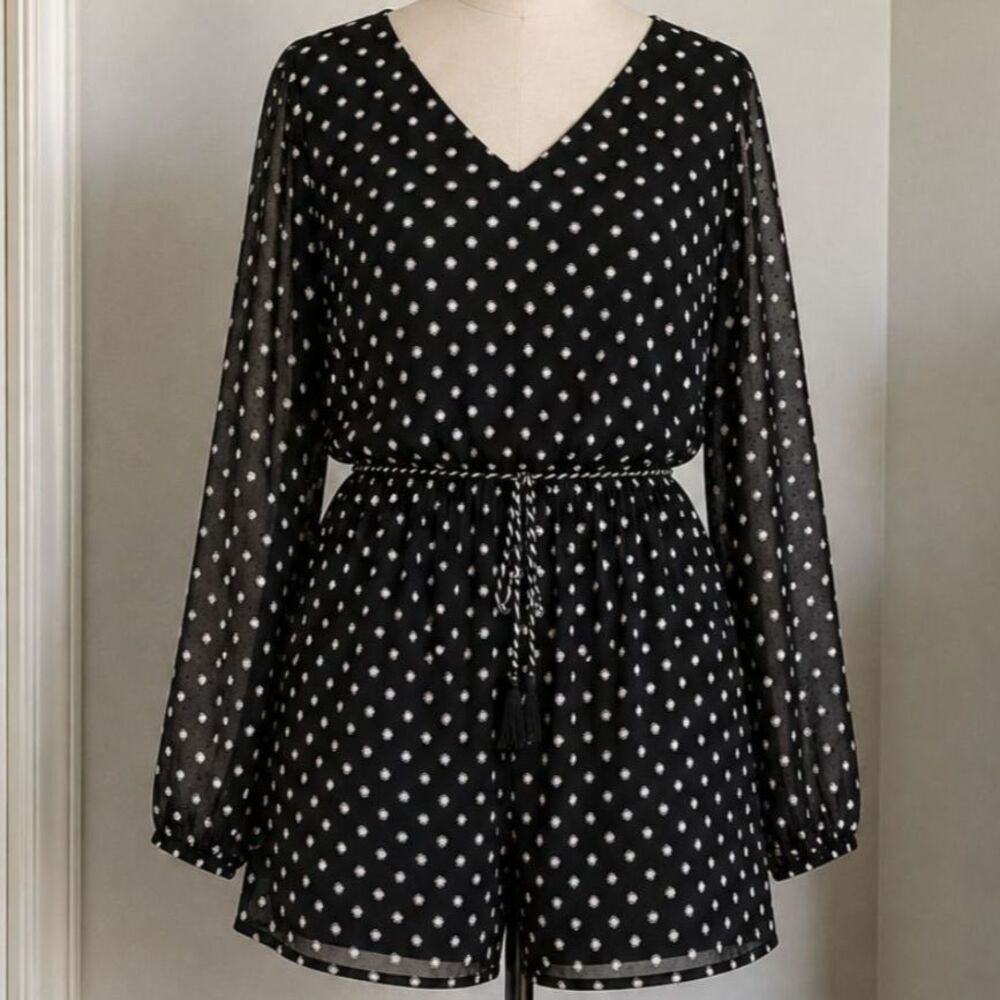 Black Polka Dot Romper by Jack BB Dakota Size L Sheer Sleeve Boho Chic Tie Waist